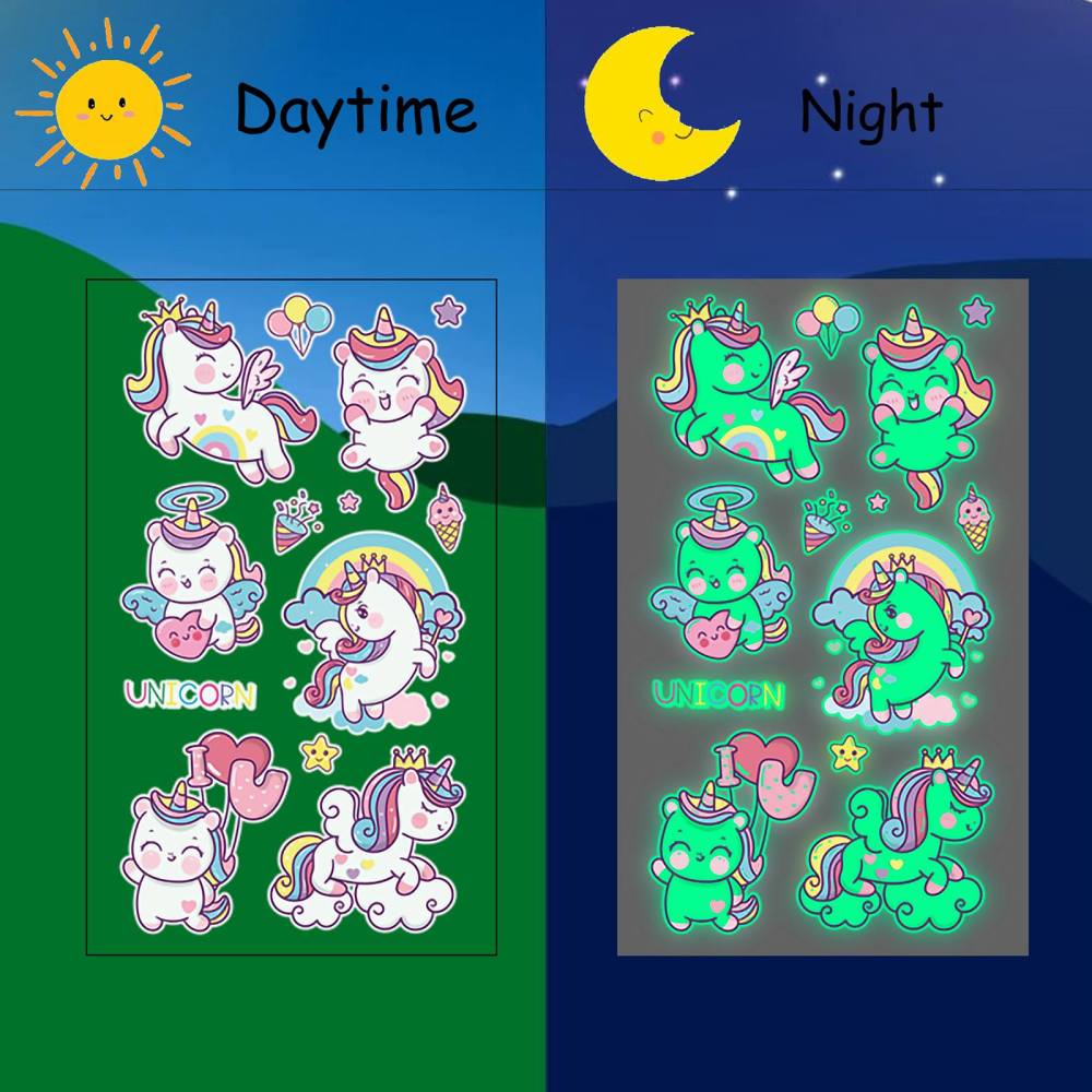 15 Sheets Unicorn Glow in The Dark Temporary Tattoos for Kids Girls Toddler Cute Fun Glitter Night Luminous Waterproof Fake Tattoo Sticker For Children Birthday Gifts Party Supplies Favor