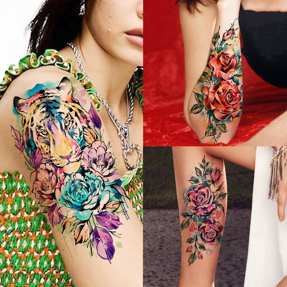 67 Sheets Watercolor Rose Flower Temporary Tattoos For Women Girls, 12 Sheets Colorful Arm Sleeve Tattoos For Adults Floral Snake Tiger, 53 Sheets Groovy Small Semi Permanent Fake Tattoos Kids