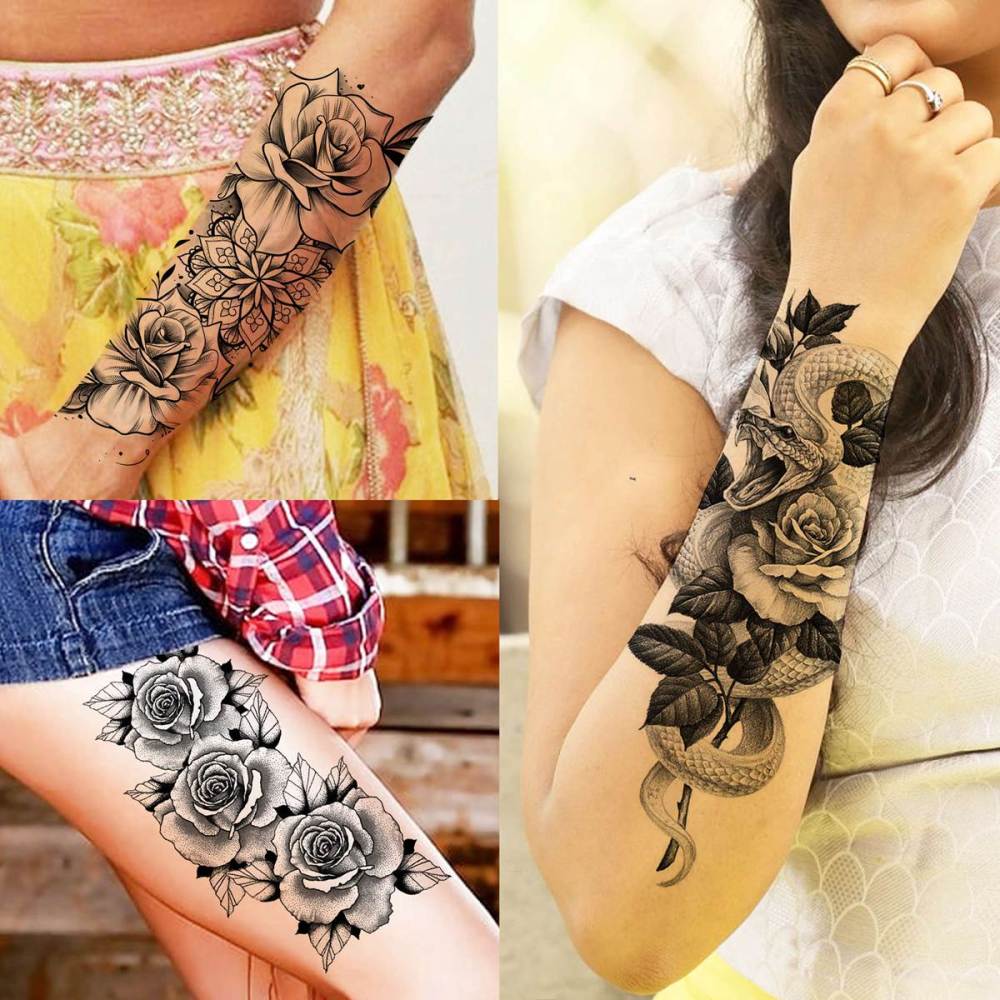 59 Sheets Sexy 3D Rose Flower Temporary Tattoos For Women Girls Arm Neck, Snake Floral Sunflower Leaf Peony Fake Tattoo Sticker Adult, Black Realistic Temp Tatoos Moon Dandelion Butterfly Thigh