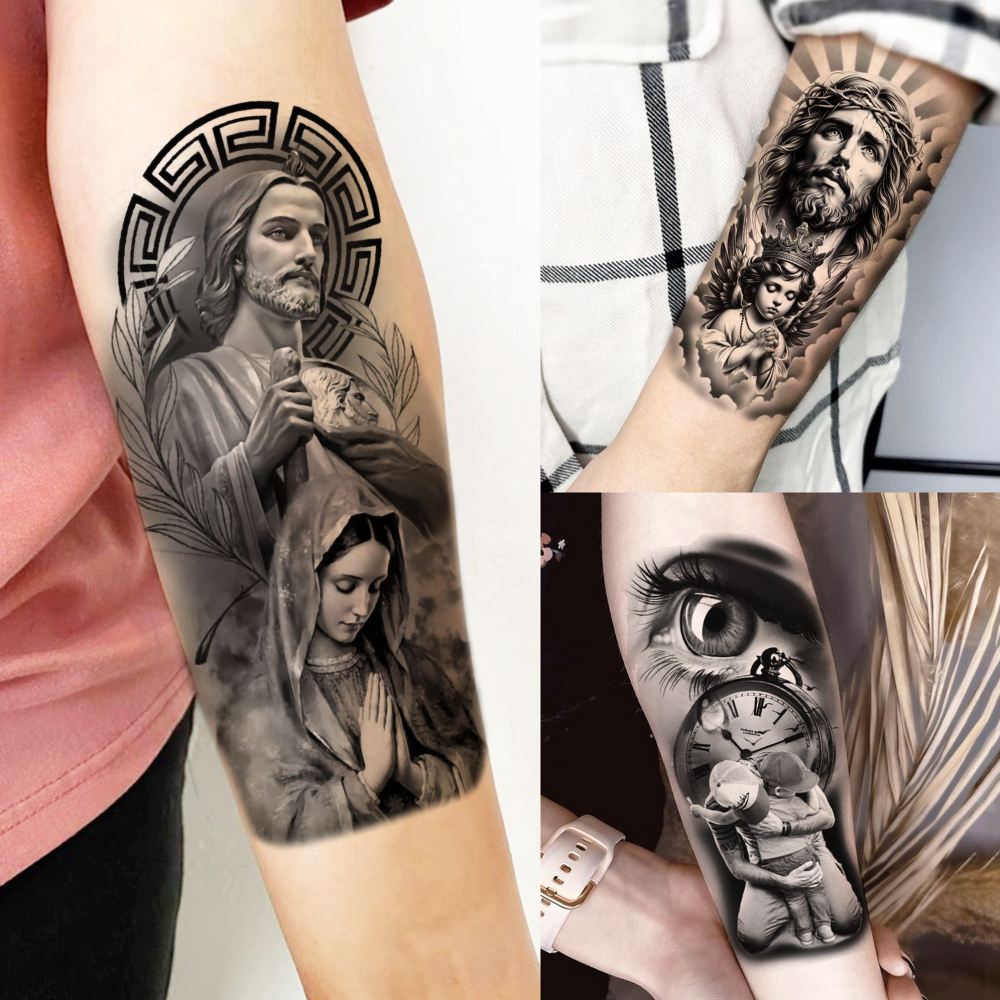 75 Sheets Loyalty Family Temporary Tattoos For Men Women, Lion Wolf Faith Belief Half Arm Sleeve Tattoo Stickers Tiger Owl, 3D Temp Long Lasting Fake Tattoos For Adults Kids Christian God Jesus Christ