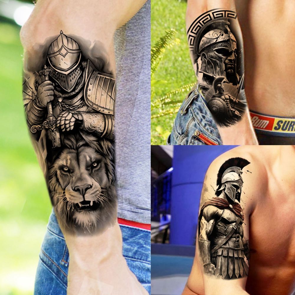74 Sheets Black Gladiator Temporary Tattoos For Men Adults Forearm, Halloween Half Arm Sleeve Tattoo For Women Greek Mythology Spartan Warriors Knight, Long Lasting Fake Tattoo Stickers Lion Eagle War