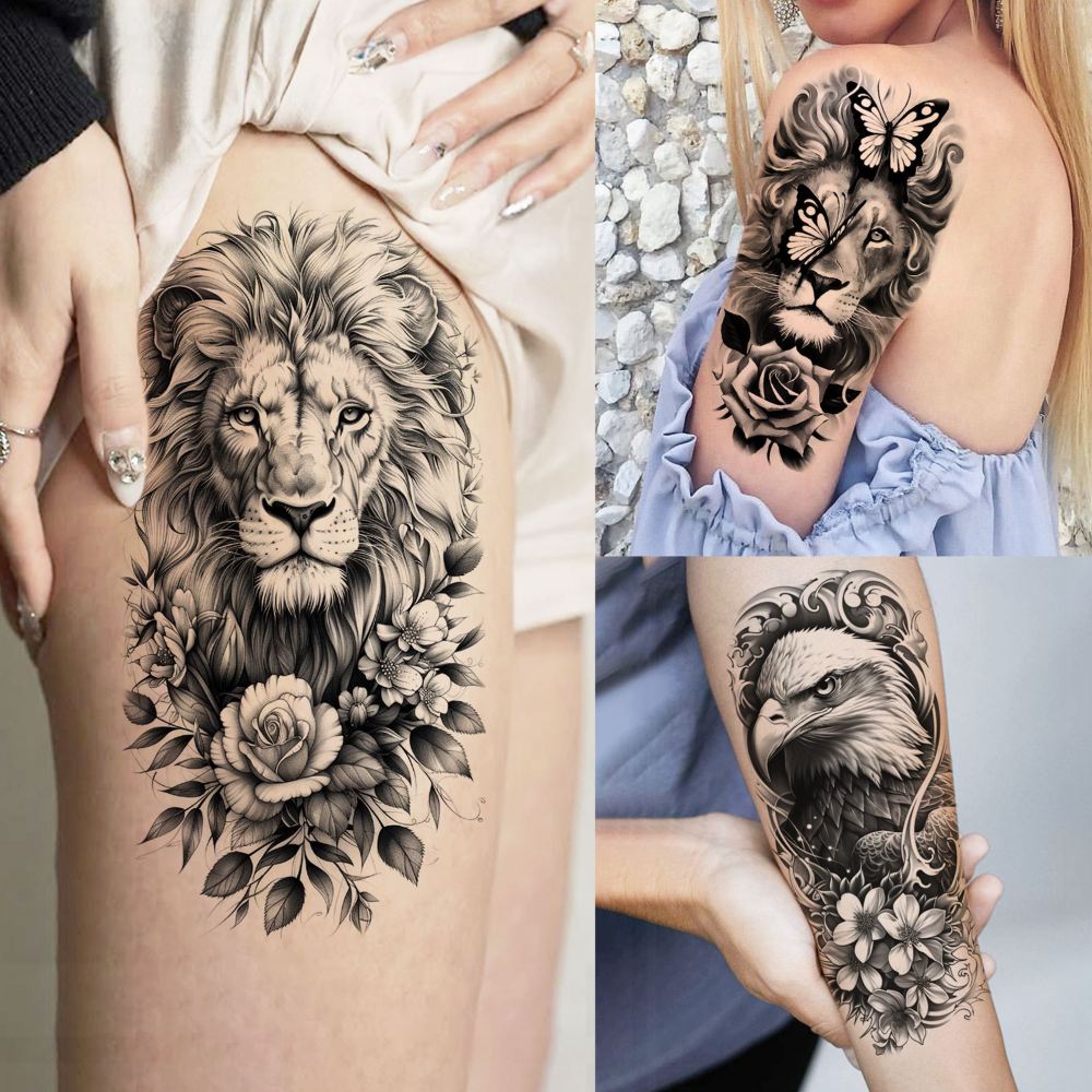 72 Sheets Realistic Lion Rose Flower Temporary Tattoos For Women Girls Adults Arm, Bulk Temp Sleeve Tattoos Peony Fox Wolf Florals, Halloween 3D Realistic Fake Tattoo Stickers Skull Skeleton Tiger