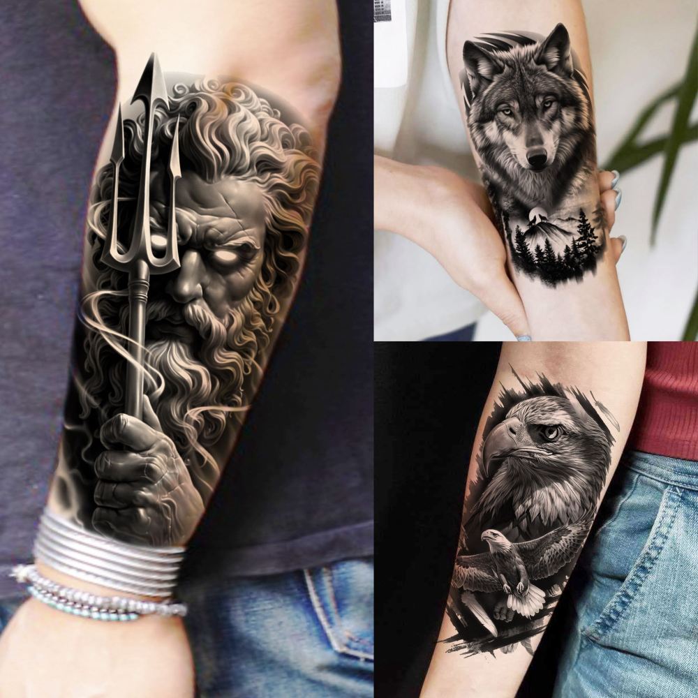 73 Sheets Zeus God Temporary Tattoos For Men Adults Forearm, Halloween Lion Poseidon Half Arm Sleeve Tattoo For Women Jesus Christ Skeleton Maori Warrior, Temp Bulk Fake Tattoo Stickers Eagle Tiger
