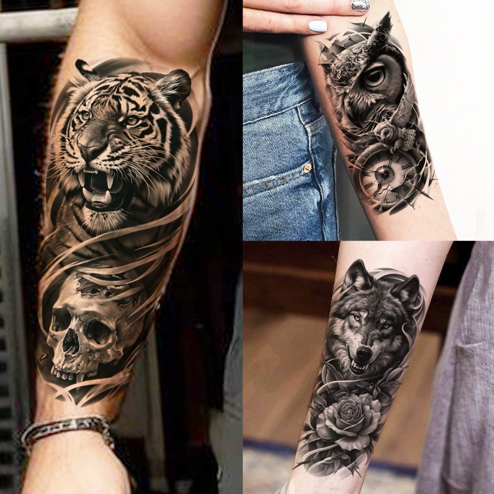 73 Sheets Lion Skull Wolf Temporary Tattoos For Women Men, Halloween Skull Eagle Owl Waterproof Half Arm Sleeve Tattoos For Adult, Tiger Jesus Christ Long Lasting Fake Tattoo Sticker Tiger Skeleton
