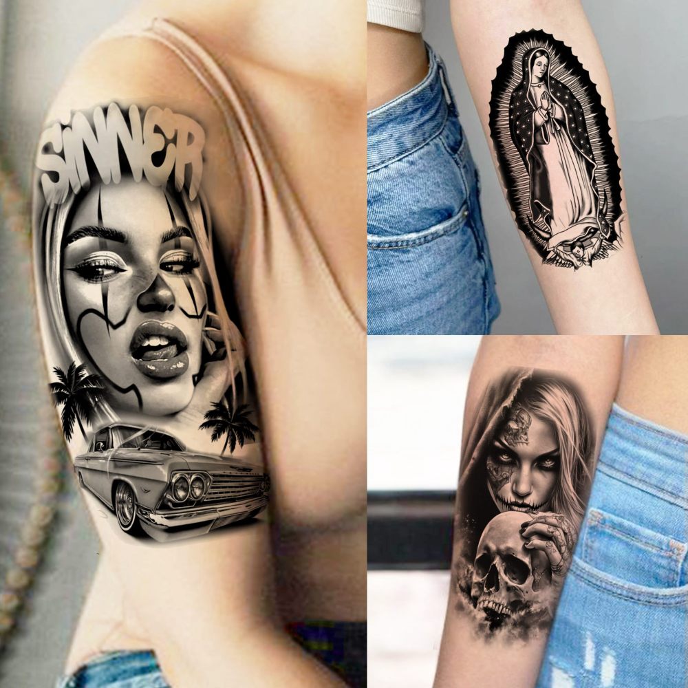 70 Sheets Chicano Temporary Tattoos For Women Men, Halloween Guadalupe Jesus Christ God Waterproof Half Arm Sleeve Tattoos For Adults, Virgin Mary Cholo Chola Fake Tattoo Sticker Joker Gangster Prison