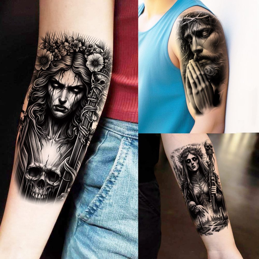 69 Sheets Gothic Lion Jesus Christ Temporary Tattoos For Women Men, Halloween Skull Warrior Zeus God Waterproof Half Arm Sleeve Tattoos For Adults, Tiger Wolf Long Lasting Fake Tattoo Sticker Skeleton