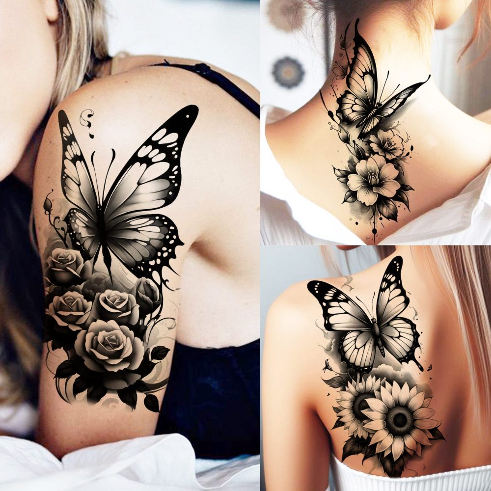 72 Sheets Rose Flower With Butterfly Temporary Tattoos For Women Girls, Sexy Floral Blossom Waterproof Half Arm Sleeve Tattoos For Adults, Long Lasting Fake Tattoo Sticker Peony Sunflower Butterflies