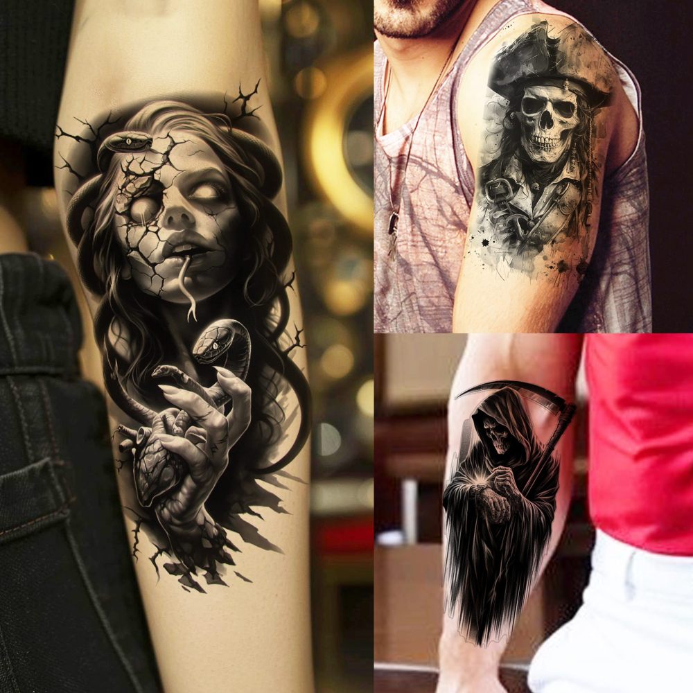 75 Sheets Halloween Skull Skeleton Temporary Tattoos For Men Women, Snake Demon Devil Fiend Satan Bulk Half Arm Sleeve Tattoos For Adults, 3D Temp Long Lasting Fake Tattoo Sticker Vampire Zombies