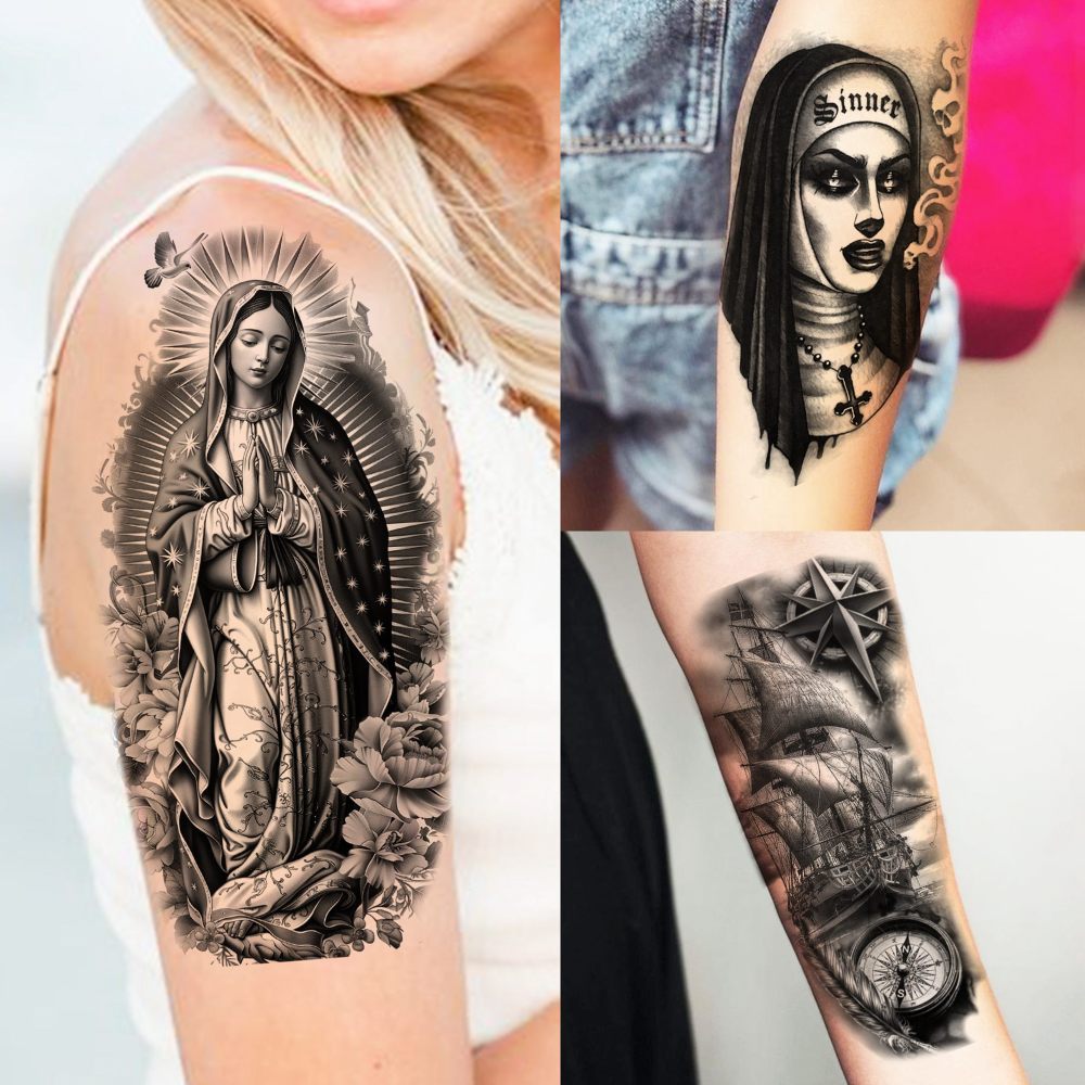 68 Sheets God Jesus Christ Temporary Tattoos For Men Women, Bulk Temp Religious Christian Peace Faith Nun Prayer Ship Half Arm Sleeve Tattoos For Adults, Tribal Eye Lion Holy Bible Quotes Fake Tattoo
