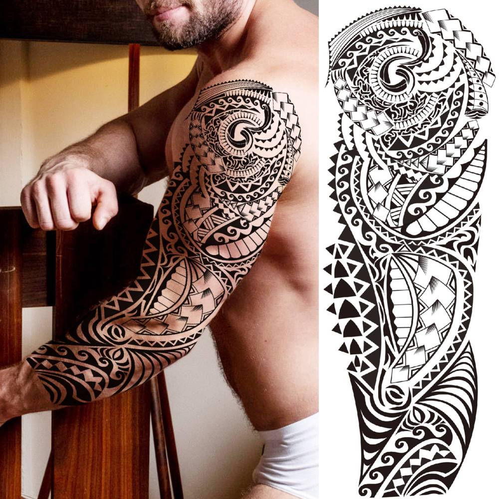 20 Sheets Extra Large Maori Full Arm Sleeve Temporary Tattoos For Men Women Thigh, Fake Sleeve Tattoos For Adults, Tribal Indian Long Lasting Halloween Black Turtle Maori Tattoo Stickers Faith