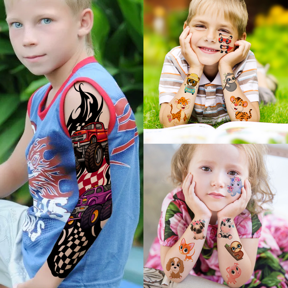 58 PCS Cartoon Unicorn Mermaid Temporary Tattoo For Kids Girls Boys, Full Arm Animals Dinosaur Car Space Monster Truck Butterfly Body Face Fake Arm Tattoos Stickers Birthday Gifts Goodie Bag Stuffer