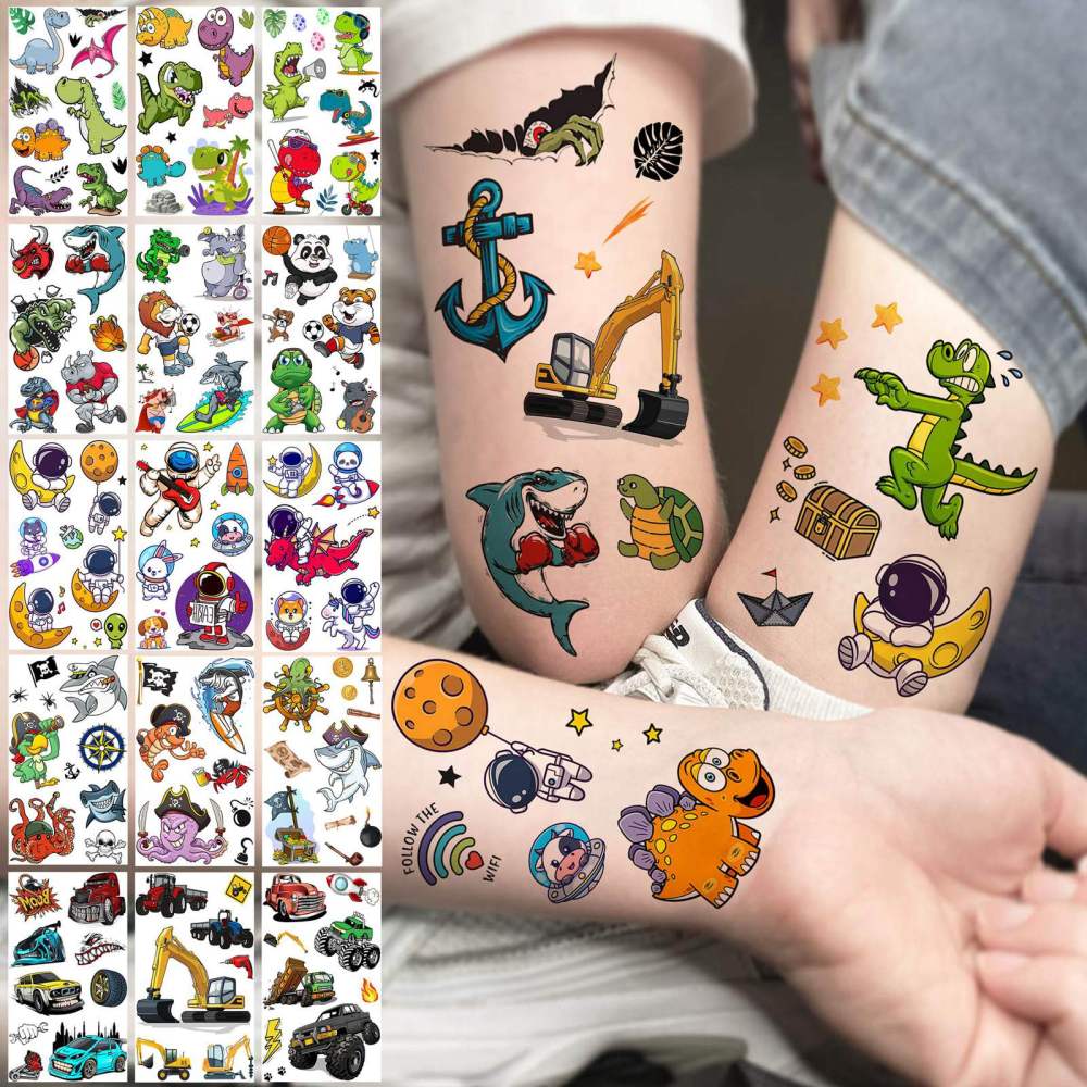 60 Sheets 999+ Groovy Cartoon Temporary Tattoos For Kids Boys Girls, Construction Excavator Cars Dinosaur Space Pirate Shark Animal Fake Tattoo Sticker, Goodie Bags Stuffers Birthday Party Supplies