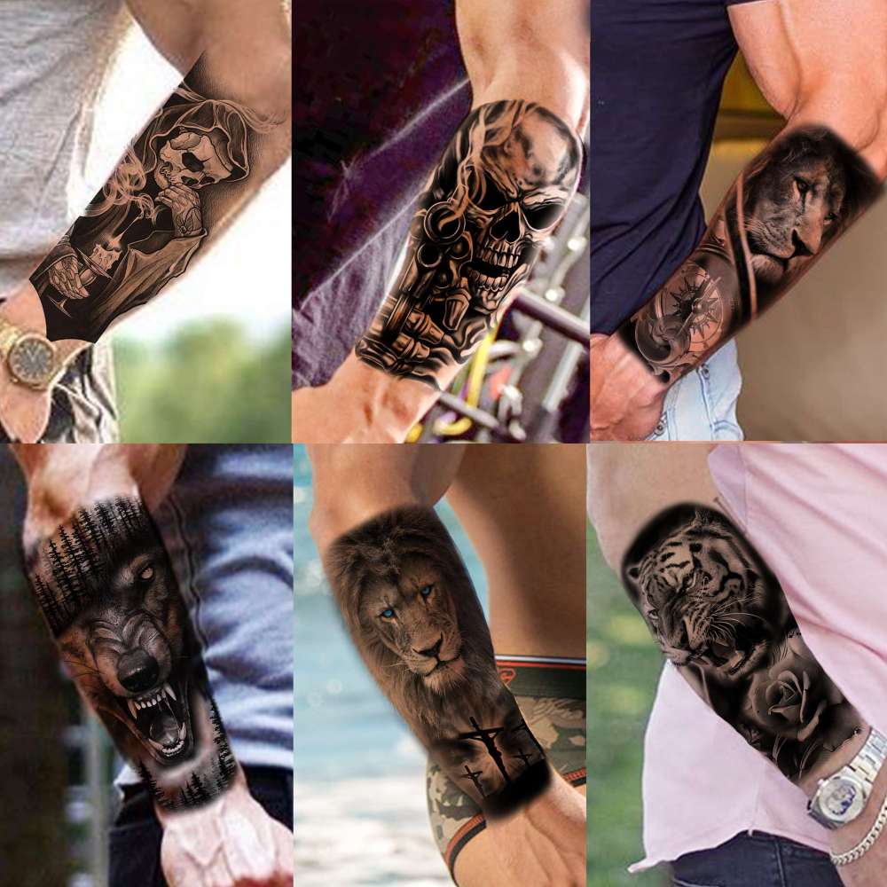 69 Sheets 3D Realistic Tiger Lion Temporary Tattoos For Women Forearm Men Arm, Half Sleeve Wolf Owl Skull Skeleton Waterproof Fake Tattoos For Adults Thigh, Black Animal Bulk Tattoo Sticker