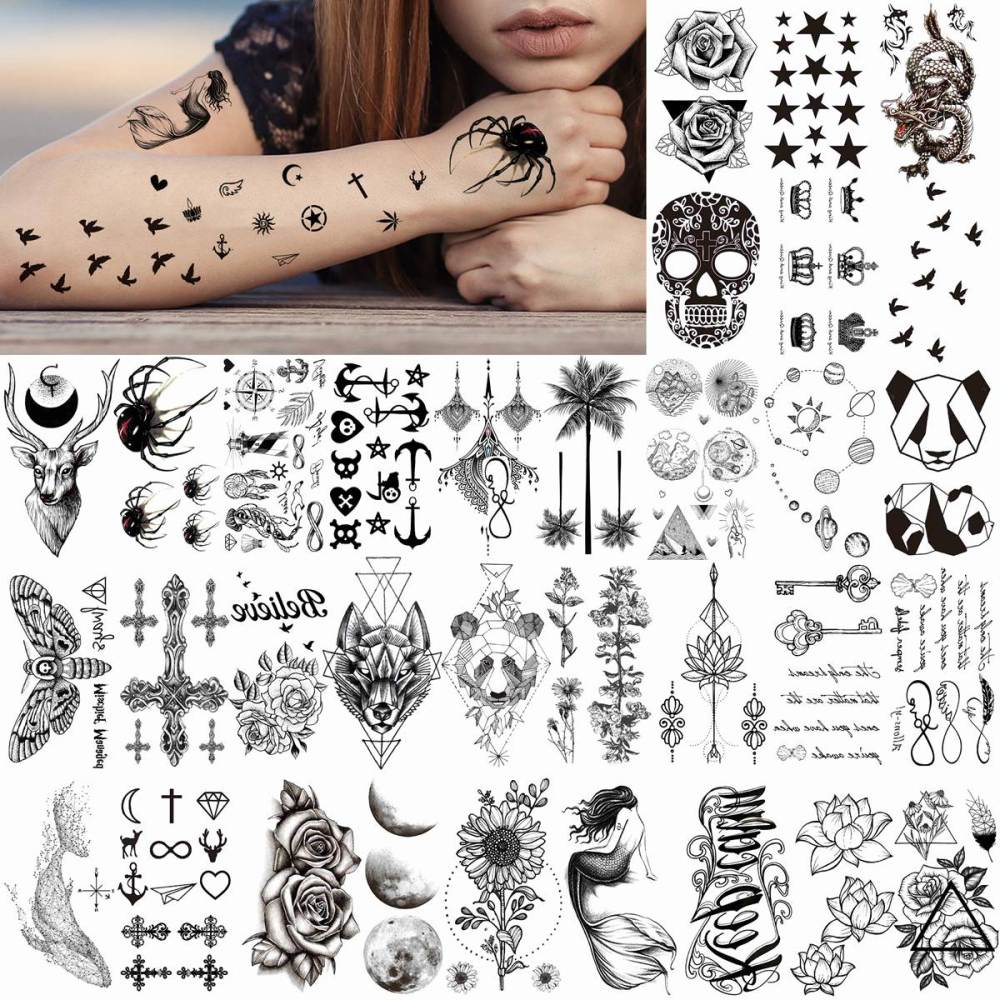 66 Sheets 3D Small Black Temporary Tattoos For Women Men Waterproof Fake Tattoo Stickers For Face Neck Arm Children Flower Birds Star Realistic Tatoo Kits For Boy Girls Adults