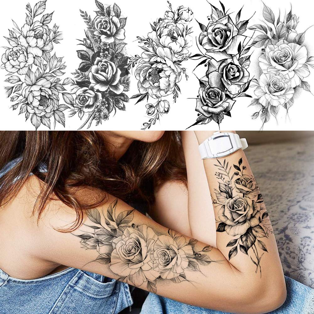 63 Sheets Realistic Black Rose Peony Flower Temporary Tattoos for Women Adults Body Art Arm, Snake Fake Floral Sketch Sleeve Tattoo Sticker