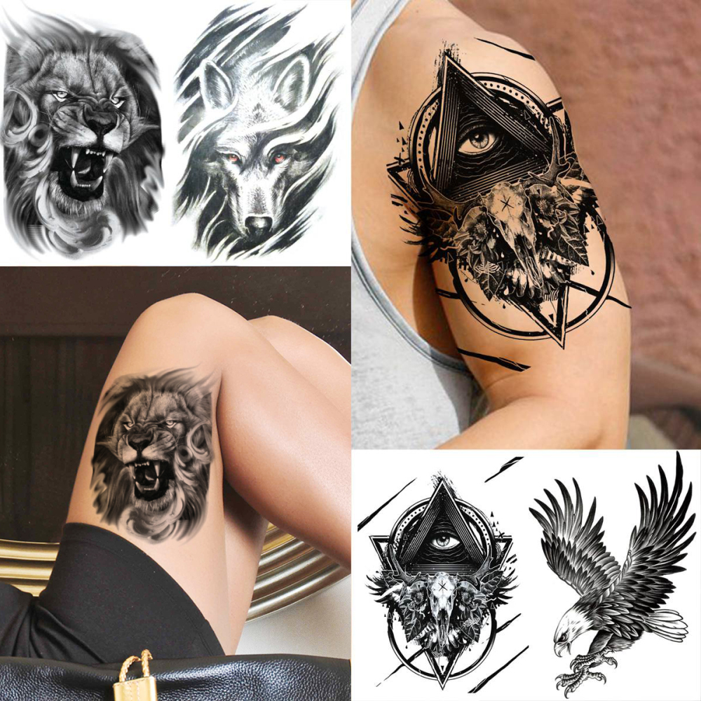 50 Sheets Black Temporary Tattoos For Men Adults Ealge Dragon Lion Wolf Animals For Women Neck Arm Thigh, Fake Small Skull Tattoo Sticker For Kids Children Boys Girls Tatoos