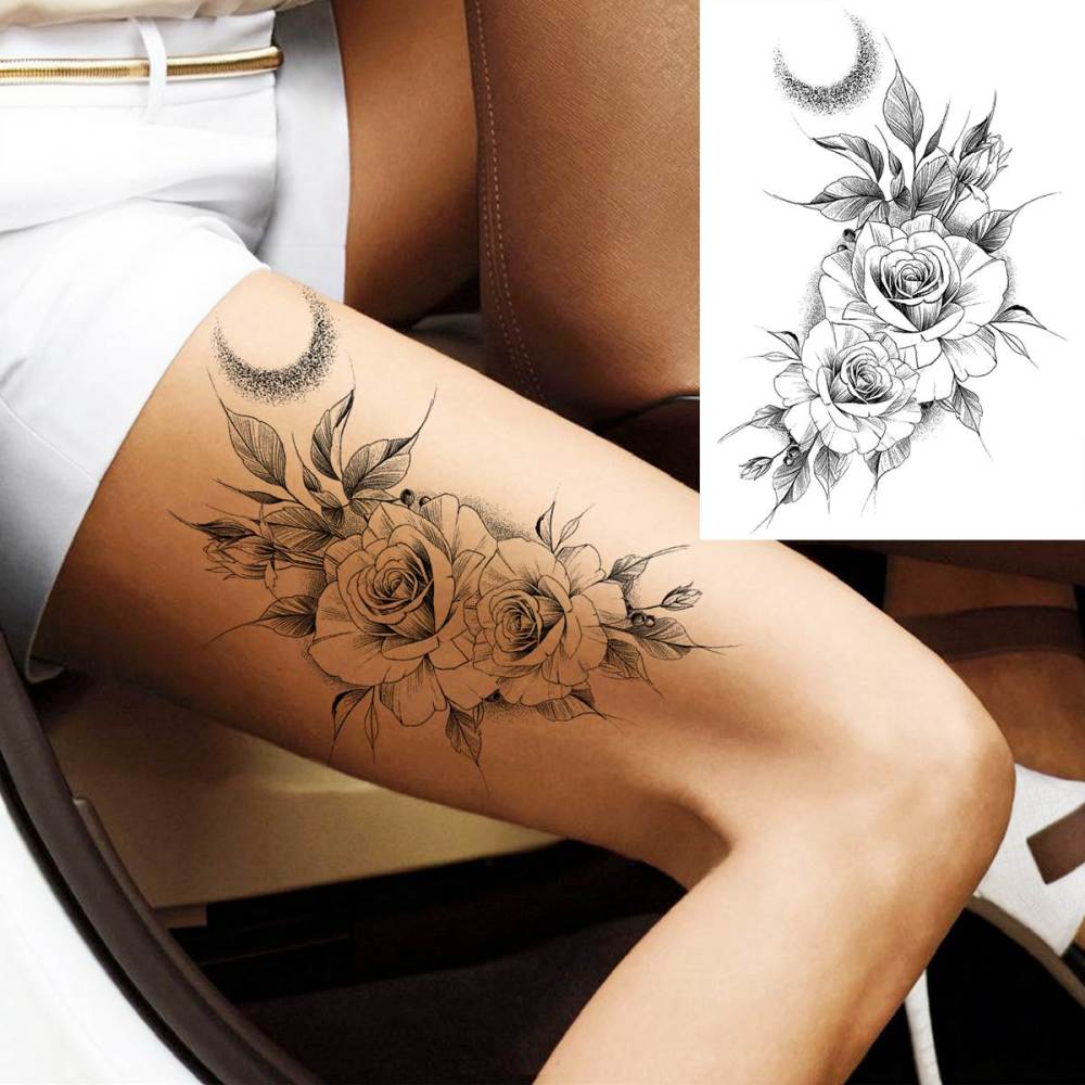 6 Sheets 3D Realistic Large Black Rose Flower Temporary Tattoos For Women Body Art Arm Big Peony Geometric Tattoo Stickers Adults Fake Waterproof Tatoo Legs Sketch Sexy Girl Peach Lily