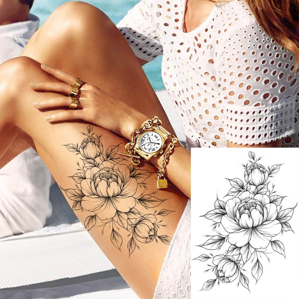 6 Sheets 3D Realistic Large Black Rose Flower Temporary Tattoos For Women Body Art Arm Big Peony Geometric Tattoo Stickers Adults Fake Waterproof Tatoo Legs Sketch Sexy Girl Peach Lily