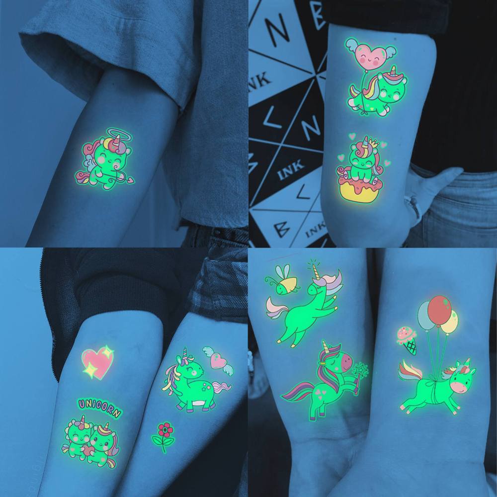 15 Sheets Unicorn Glow in The Dark Temporary Tattoos for Kids Girls Toddler Cute Fun Glitter Night Luminous Waterproof Fake Tattoo Sticker For Children Birthday Gifts Party Supplies Favor