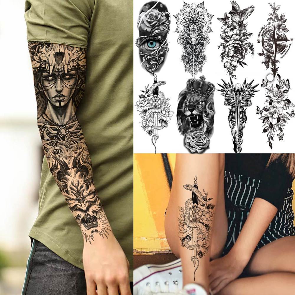 21 Sheets Extra Large Black Temporary Tattoos For Women Adults Greek Myth With 8 Sheets Full Arm Sleeve For Men Maori Warrior Compass and 13 Sheets Fake Large 3D Tatoo Stickers