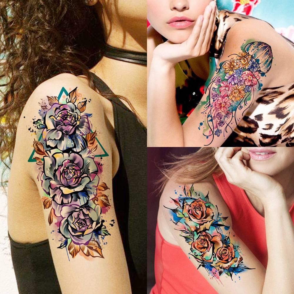 67 Sheets Watercolor Rose Flower Temporary Tattoos For Women Girls, 12 Sheets Colorful Arm Sleeve Tattoos For Adults Floral Snake Tiger, 53 Sheets Groovy Small Semi Permanent Fake Tattoos Kids