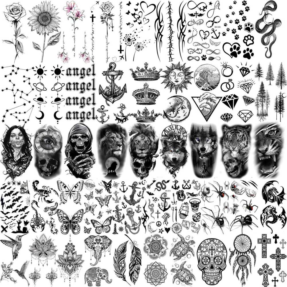 59 Sheets Sexy 3D Rose Flower Temporary Tattoos For Women Girls Arm Neck, Snake Floral Sunflower Leaf Peony Fake Tattoo Sticker Adult, Black Realistic Temp Tatoos Moon Dandelion Butterfly Thigh