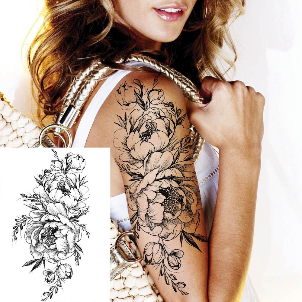 6 Sheets 3D Realistic Large Black Rose Flower Temporary Tattoos For Women Body Art Arm Big Peony Geometric Tattoo Stickers Adults Fake Waterproof Tatoo Legs Sketch Sexy Girl Peach Lily