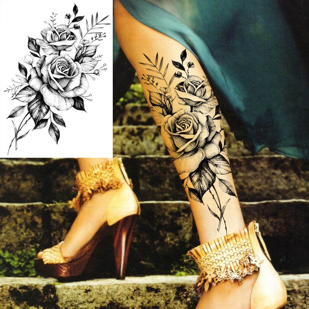 6 Sheets 3D Realistic Large Black Rose Flower Temporary Tattoos For Women Body Art Arm Big Peony Geometric Tattoo Stickers Adults Fake Waterproof Tatoo Legs Sketch Sexy Girl Peach Lily