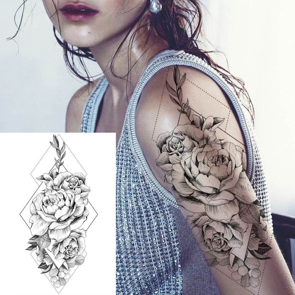 6 Sheets 3D Realistic Large Black Rose Flower Temporary Tattoos For Women Body Art Arm Big Peony Geometric Tattoo Stickers Adults Fake Waterproof Tatoo Legs Sketch Sexy Girl Peach Lily