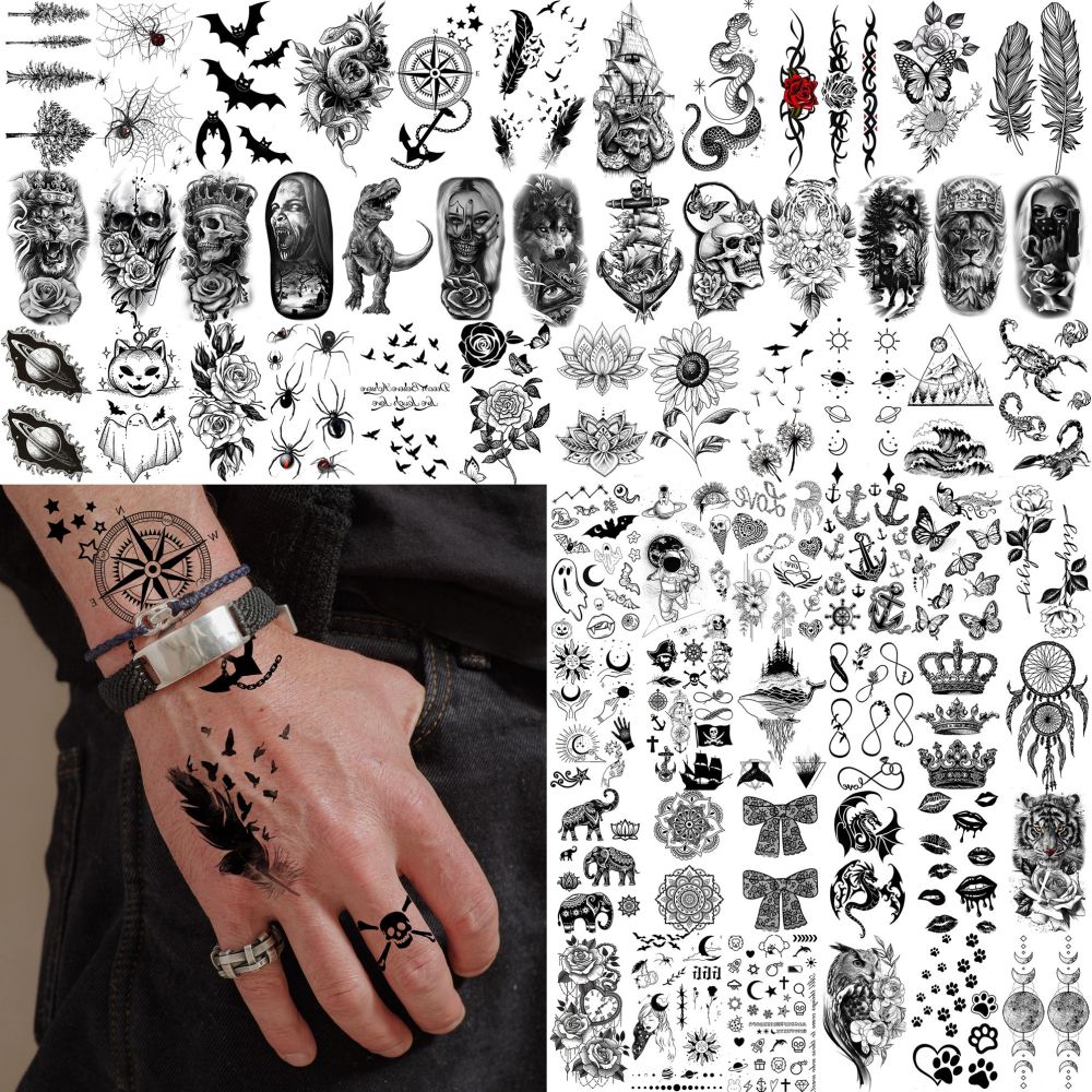 72 Sheets Realistic Lion Rose Flower Temporary Tattoos For Women Girls Adults Arm, Bulk Temp Sleeve Tattoos Peony Fox Wolf Florals, Halloween 3D Realistic Fake Tattoo Stickers Skull Skeleton Tiger