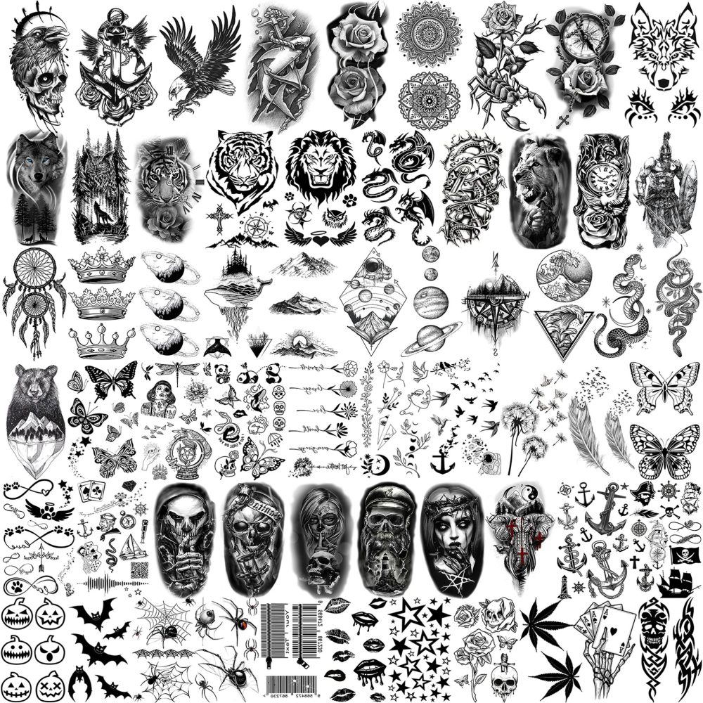 73 Sheets Lion Skull Wolf Temporary Tattoos For Women Men, Halloween Skull Eagle Owl Waterproof Half Arm Sleeve Tattoos For Adult, Tiger Jesus Christ Long Lasting Fake Tattoo Sticker Tiger Skeleton