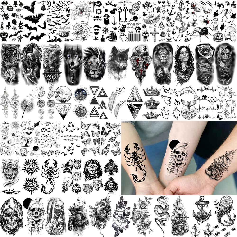 69 Sheets Gothic Lion Jesus Christ Temporary Tattoos For Women Men, Halloween Skull Warrior Zeus God Waterproof Half Arm Sleeve Tattoos For Adults, Tiger Wolf Long Lasting Fake Tattoo Sticker Skeleton