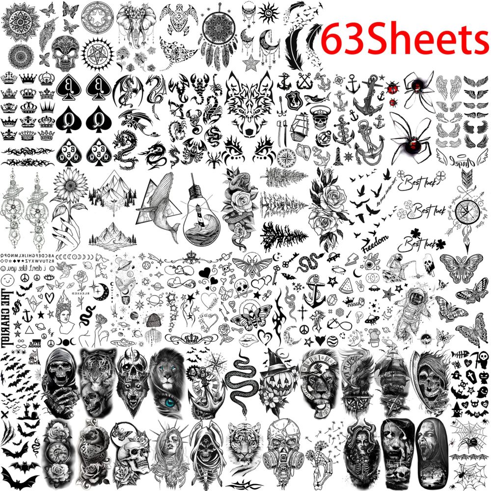 75 Sheets Halloween Skull Skeleton Temporary Tattoos For Men Women, Snake Demon Devil Fiend Satan Bulk Half Arm Sleeve Tattoos For Adults, 3D Temp Long Lasting Fake Tattoo Sticker Vampire Zombies