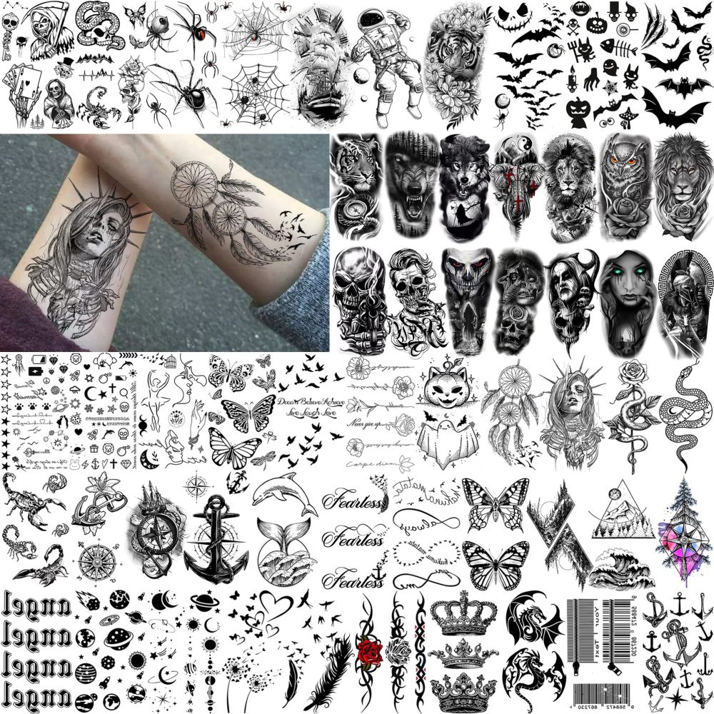 68 Sheets God Jesus Christ Temporary Tattoos For Men Women, Bulk Temp Religious Christian Peace Faith Nun Prayer Ship Half Arm Sleeve Tattoos For Adults, Tribal Eye Lion Holy Bible Quotes Fake Tattoo