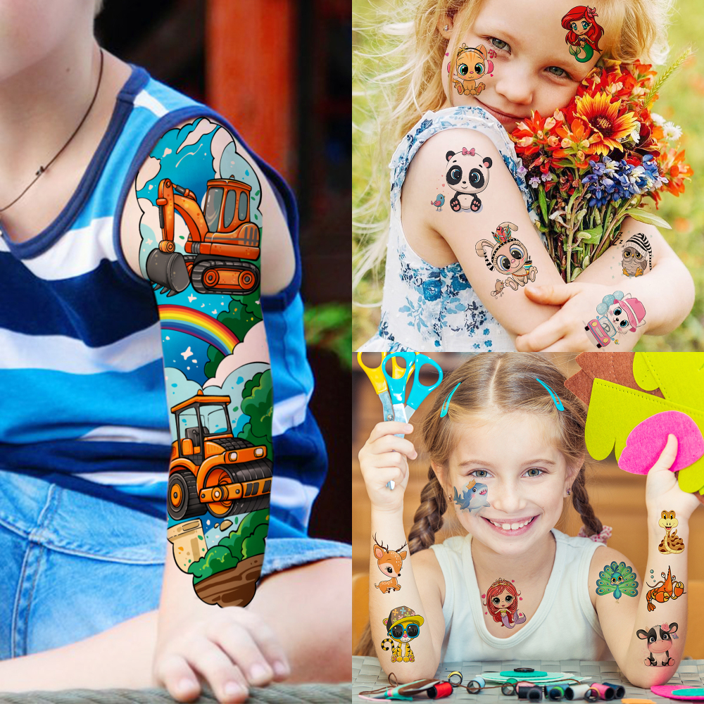 58 PCS Cartoon Unicorn Mermaid Temporary Tattoo For Kids Girls Boys, Full Arm Animals Dinosaur Car Space Monster Truck Butterfly Body Face Fake Arm Tattoos Stickers Birthday Gifts Goodie Bag Stuffer