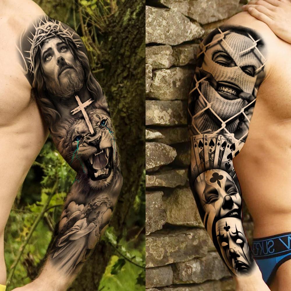 18 Sheets Chicano Full Arm Temporary Tattoos For Men Women Thigh, Chicana Guadalupe Joker Gangster Nun Girl Fake Sleeve Tattoos For Adults, Temp Bulk Jesus Christ Halloween Tattoo Stickers Prison