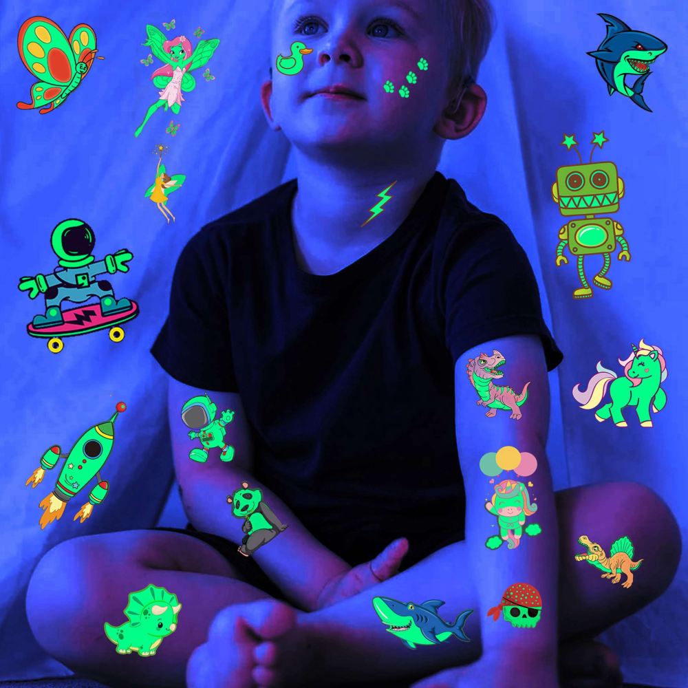 20 Sheets Bulk Cute Luminous Temporary Tattoos For Kids Boys Girls Children, 3D Night Cartoon Car Unicorn Robot Animals Dog Cat Shark Space Pirate Marine Fairy Fake Glow in The Dark Tattoo Stickers