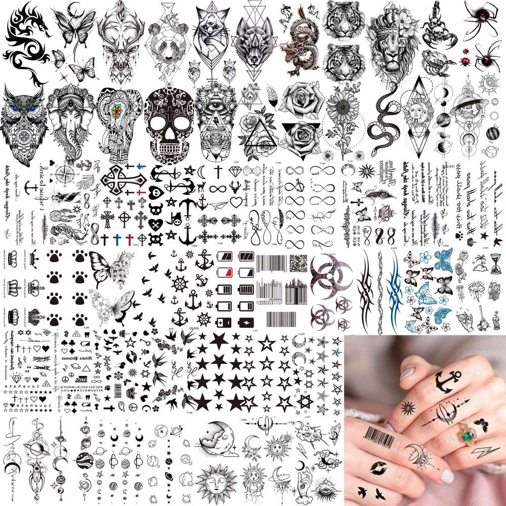 69 Sheets 3D Realistic Tiger Lion Temporary Tattoos For Women Forearm Men Arm, Half Sleeve Wolf Owl Skull Skeleton Waterproof Fake Tattoos For Adults Thigh, Black Animal Bulk Tattoo Sticker