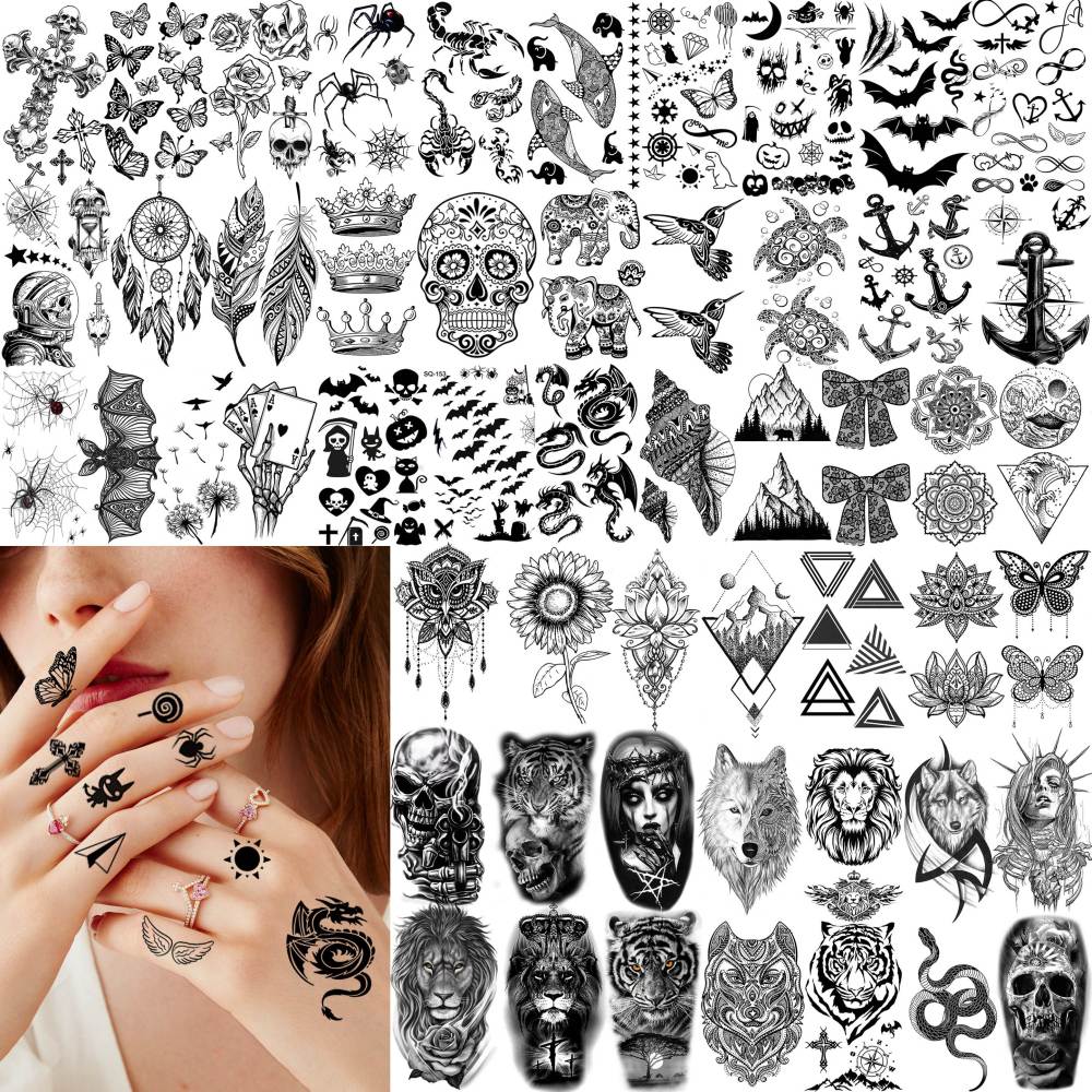 65 Sheets Black Realistic Flower Temporary Tattoos For Women Arm Thigh, 3D Fake Tattoos That Look Real And Last Long, Temp Rose Sketch Moon Snake Peony Floral Tattoo Stickers For Adults Girls