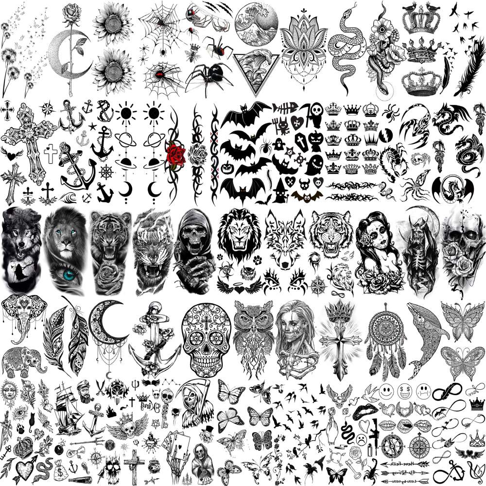 63 Sheets Realistic Black Rose Peony Flower Temporary Tattoos for Women Adults Body Art Arm, Snake Fake Floral Sketch Sleeve Tattoo Sticker