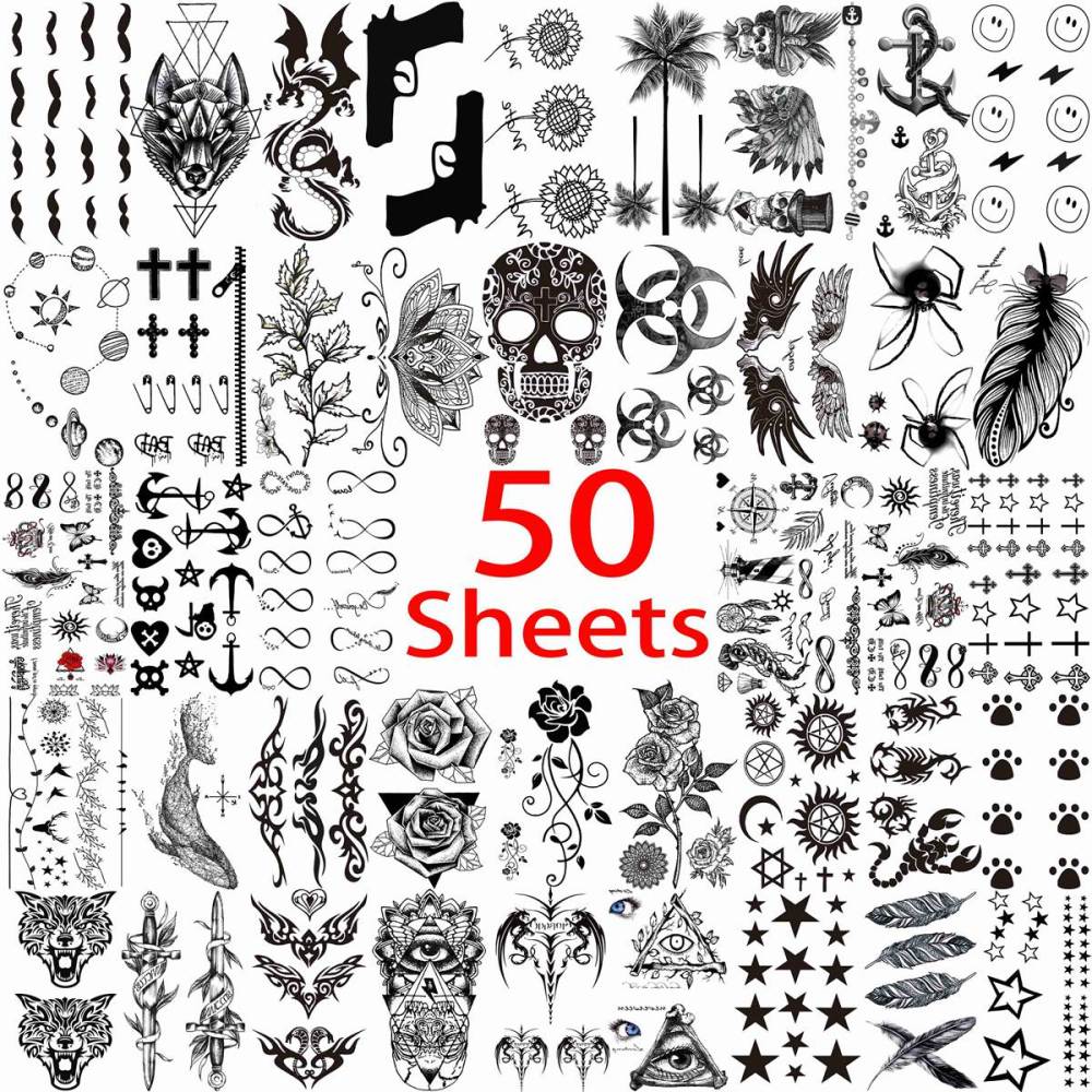 50 Sheets Black Temporary Tattoos For Men Adults Ealge Dragon Lion Wolf Animals For Women Neck Arm Thigh, Fake Small Skull Tattoo Sticker For Kids Children Boys Girls Tatoos