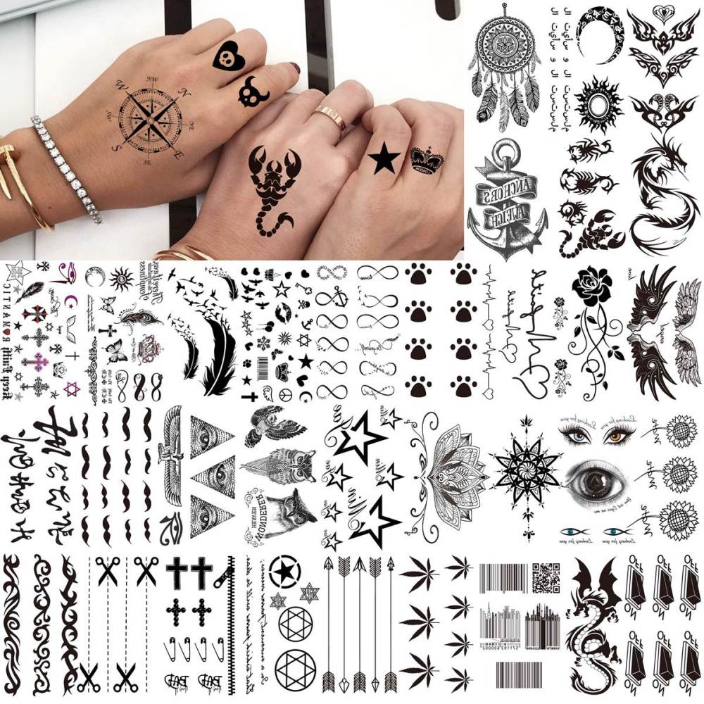66 Sheets 3D Small Black Temporary Tattoos For Women Men Waterproof Fake Tattoo Stickers For Face Neck Arm Children Flower Birds Star Realistic Tatoo Kits For Boy Girls Adults
