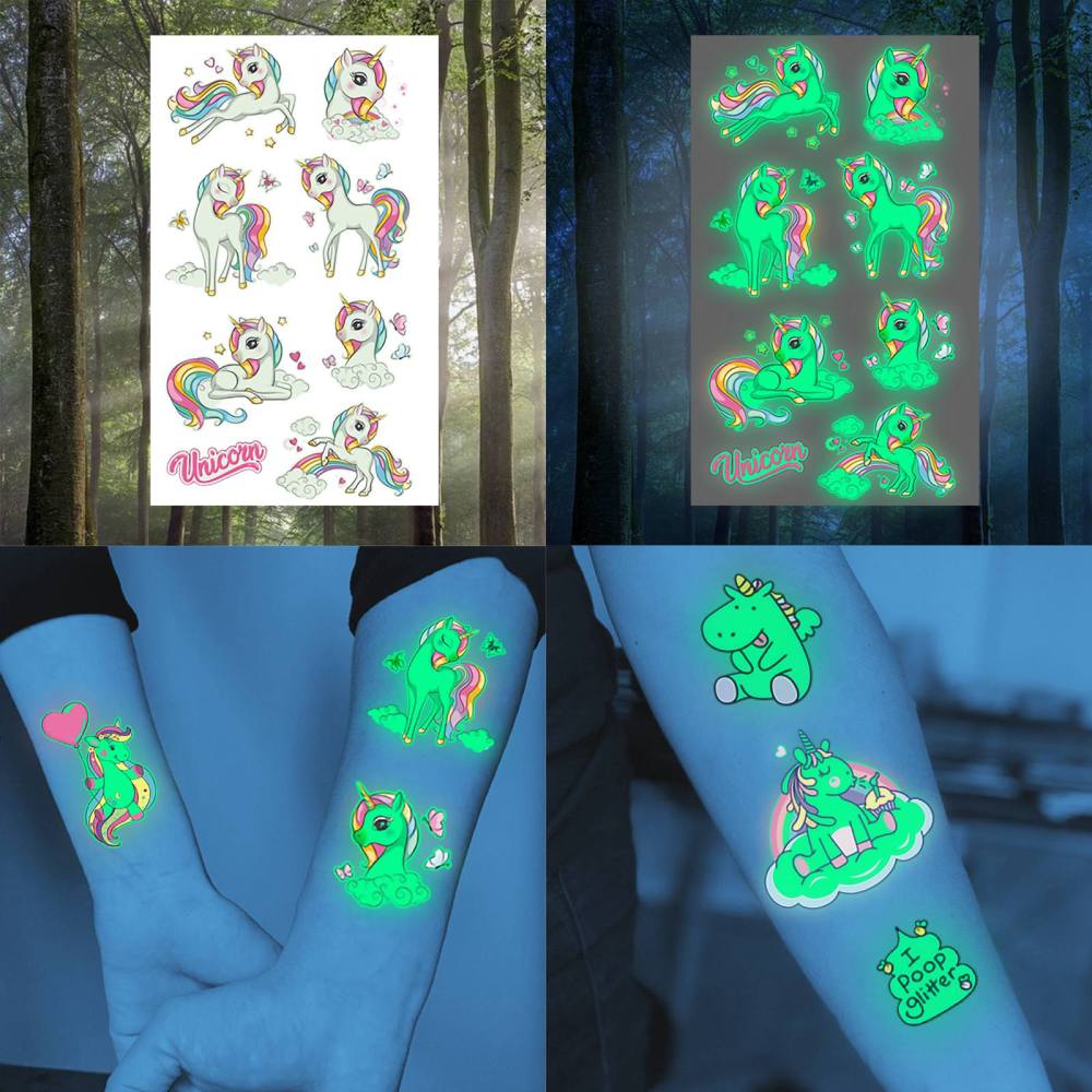15 Sheets Unicorn Glow in The Dark Temporary Tattoos for Kids Girls Toddler Cute Fun Glitter Night Luminous Waterproof Fake Tattoo Sticker For Children Birthday Gifts Party Supplies Favor
