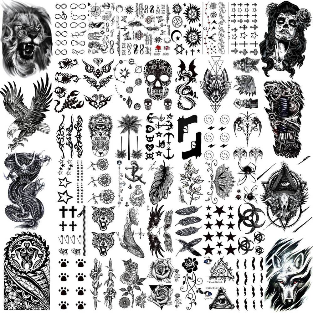50 Sheets Black Temporary Tattoos For Men Adults Ealge Dragon Lion Wolf Animals For Women Neck Arm Thigh, Fake Small Skull Tattoo Sticker For Kids Children Boys Girls Tatoos