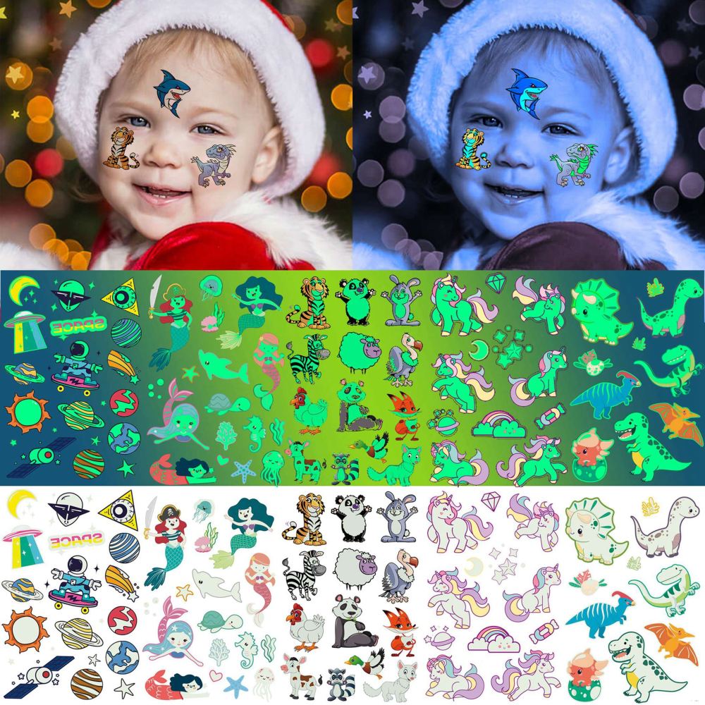 20 Sheets Bulk Cute Luminous Temporary Tattoos For Kids Boys Girls Children, 3D Night Cartoon Car Unicorn Robot Animals Dog Cat Shark Space Pirate Marine Fairy Fake Glow in The Dark Tattoo Stickers
