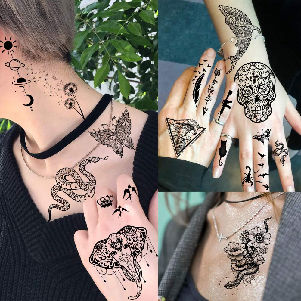 63 Sheets Realistic Black Rose Peony Flower Temporary Tattoos for Women Adults Body Art Arm, Snake Fake Floral Sketch Sleeve Tattoo Sticker