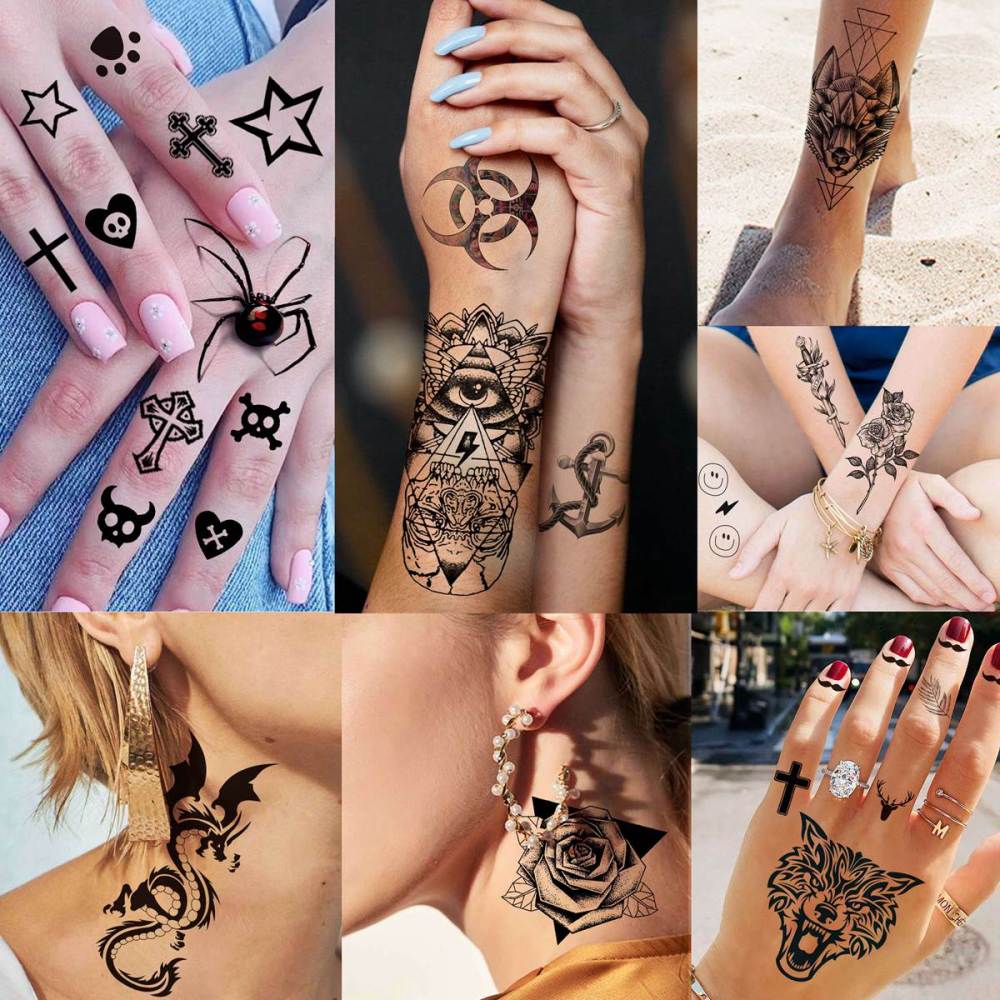 50 Sheets Black Temporary Tattoos For Men Adults Ealge Dragon Lion Wolf Animals For Women Neck Arm Thigh, Fake Small Skull Tattoo Sticker For Kids Children Boys Girls Tatoos