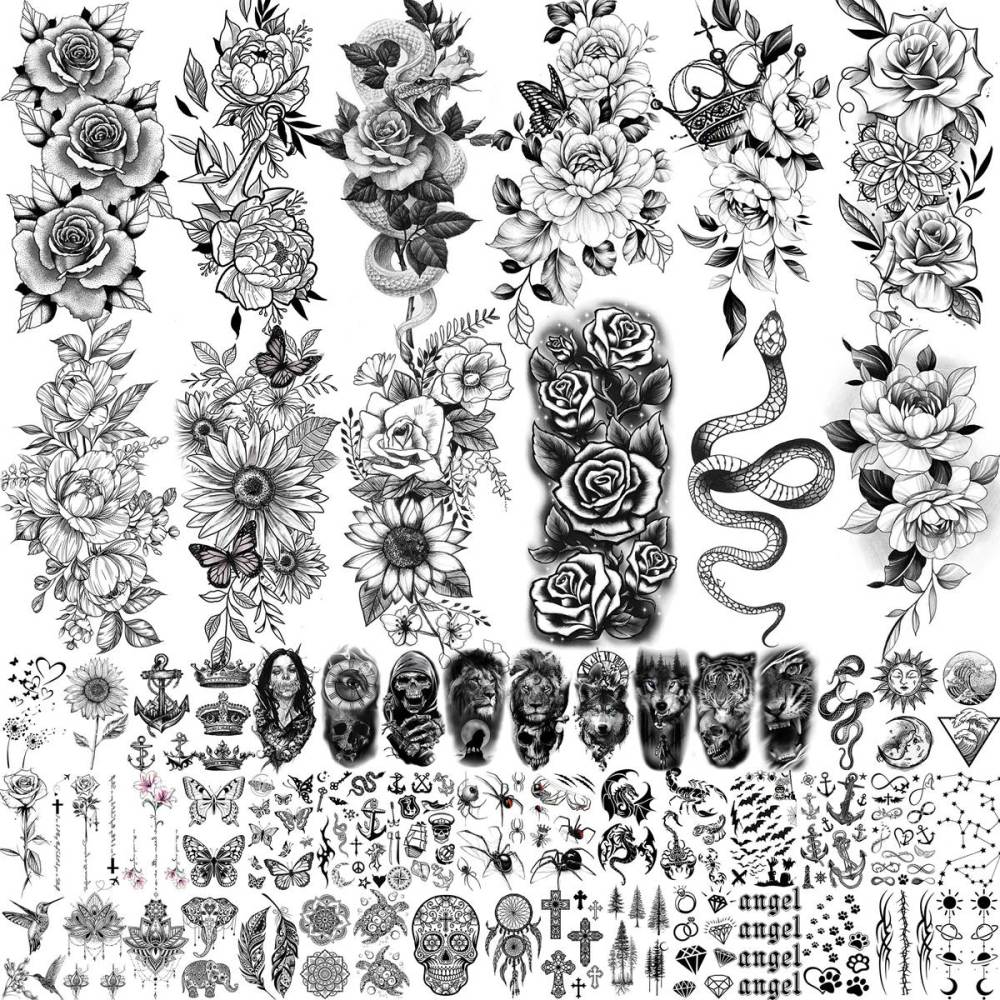 59 Sheets Sexy 3D Rose Flower Temporary Tattoos For Women Girls Arm Neck, Snake Floral Sunflower Leaf Peony Fake Tattoo Sticker Adult, Black Realistic Temp Tatoos Moon Dandelion Butterfly Thigh