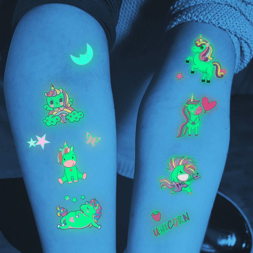 15 Sheets Unicorn Glow in The Dark Temporary Tattoos for Kids Girls Toddler Cute Fun Glitter Night Luminous Waterproof Fake Tattoo Sticker For Children Birthday Gifts Party Supplies Favor