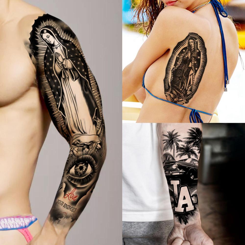 18 Sheets Chicano Full Arm Temporary Tattoos For Men Women Thigh, Chicana Guadalupe Joker Gangster Nun Girl Fake Sleeve Tattoos For Adults, Temp Bulk Jesus Christ Halloween Tattoo Stickers Prison